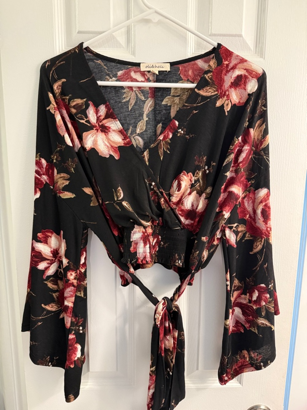 Black Floral Tie-Front Wrap Top